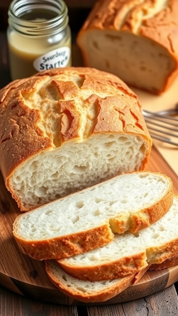 Freshly baked sourdough sandwich bread loaf with slices on a cutting board in a rustic kitchen.